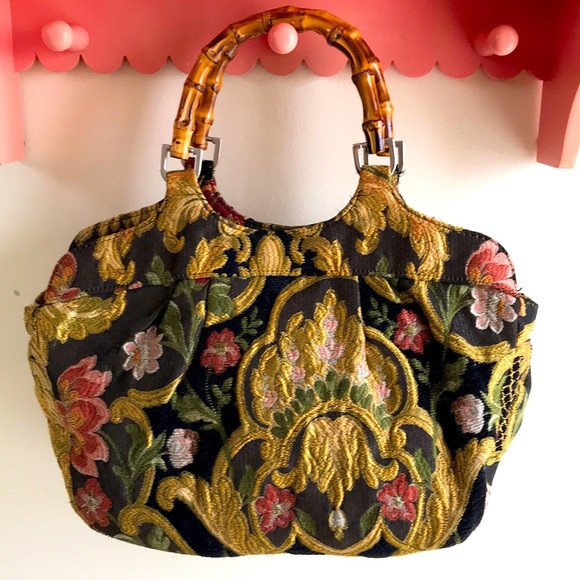 Talbots Handbags - Talbots bag bamboo top handles Gorgeous floral tapestry EUC black gold red woven
